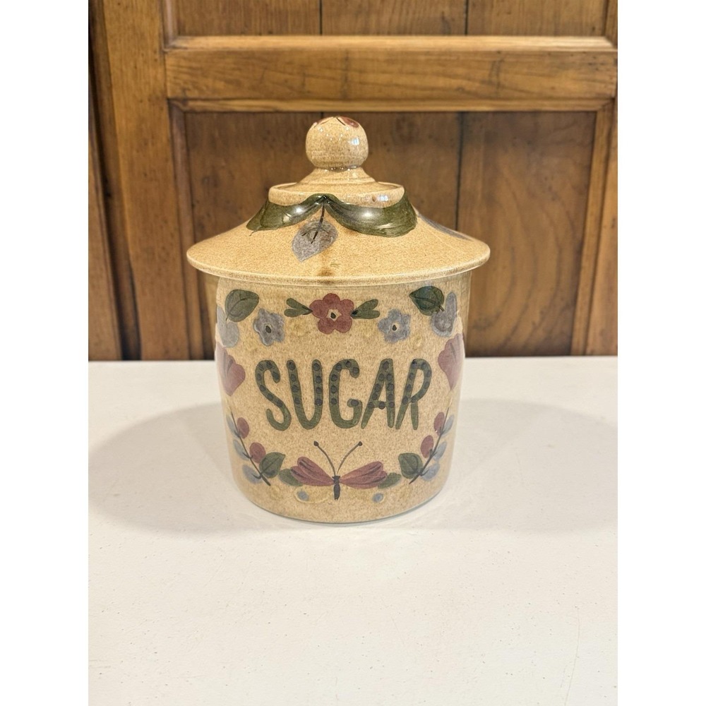 VTG California Cleminsons Pottery Distlefink Sugar Canister Brown Floral Design